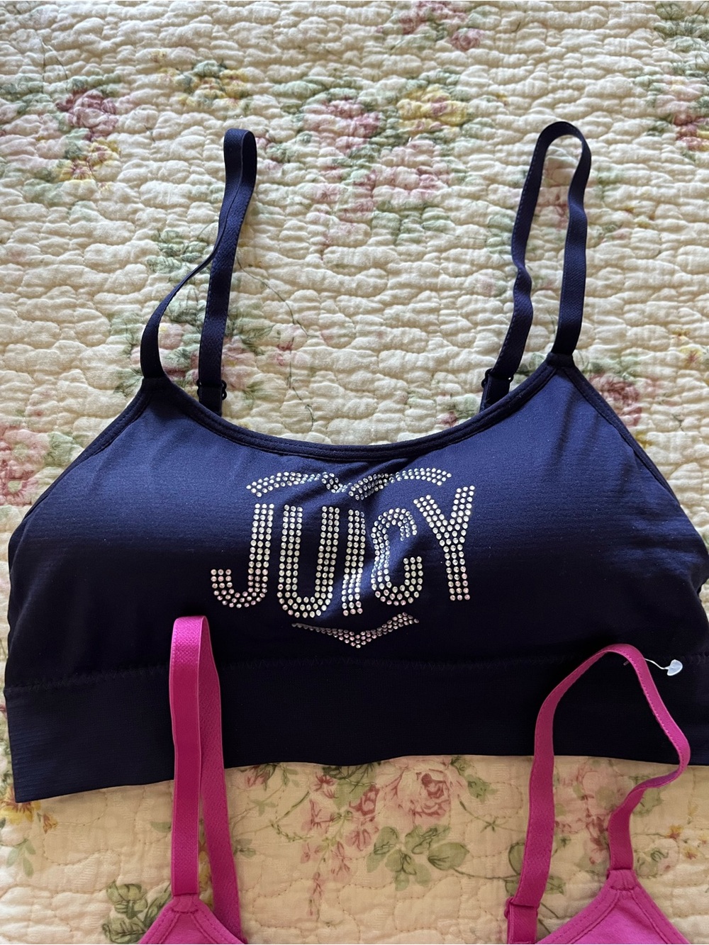 Juicy Couture Black, Pink & Lavender Rhinestone Logo Seamless Bralettes - 3 Pack - Picture 4 of 6